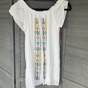 Size S White Off the Shoulder Pattered Blue Rair Dress